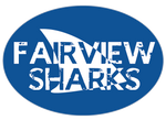 Blue oval shape with the words Fairview Sharks centered and stacked in white. A white shark dorsal fin sits beneath the words with lettering reversed out where fins touches.