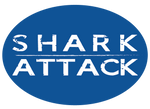 Blue oval shape with the words Shark and Attack stacked with a staggered line between the words in white.