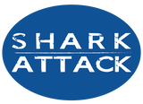 Blue oval shape with the words Shark and Attack stacked with a staggered line between the words in white.